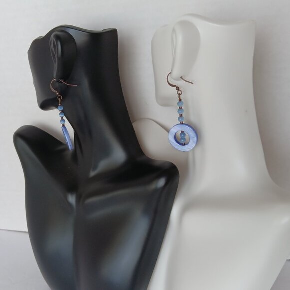 Handmade Periwinkle Blue Earrings With Dyed Shells and Banded Agate Beads - Picture 8 of 16